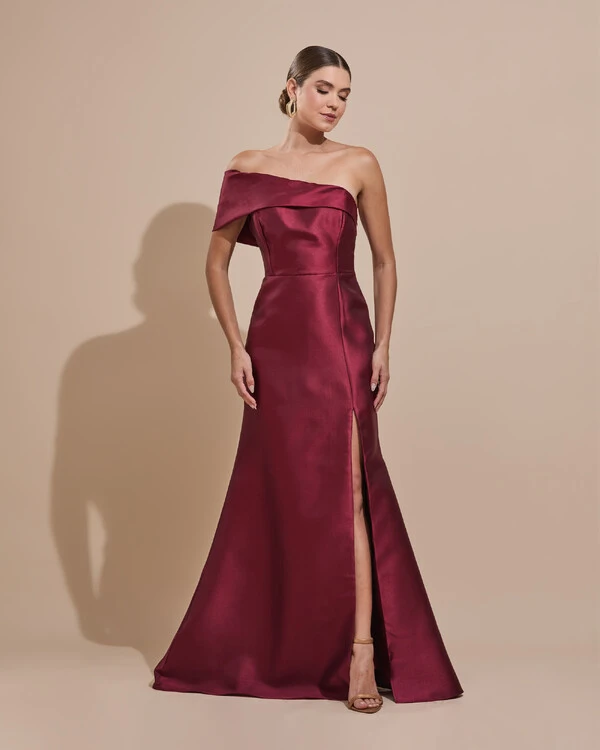 Vestido de Festa Zibeline com Faixa Ombro a Ombro Marsala Escuro