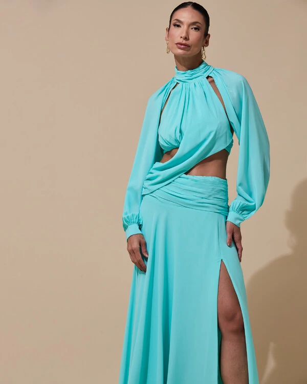 Vestido de Festa Longo Gola Alta Crepe Chiffon Recortes Drapeado Manga Longa Fenda Tiffany
