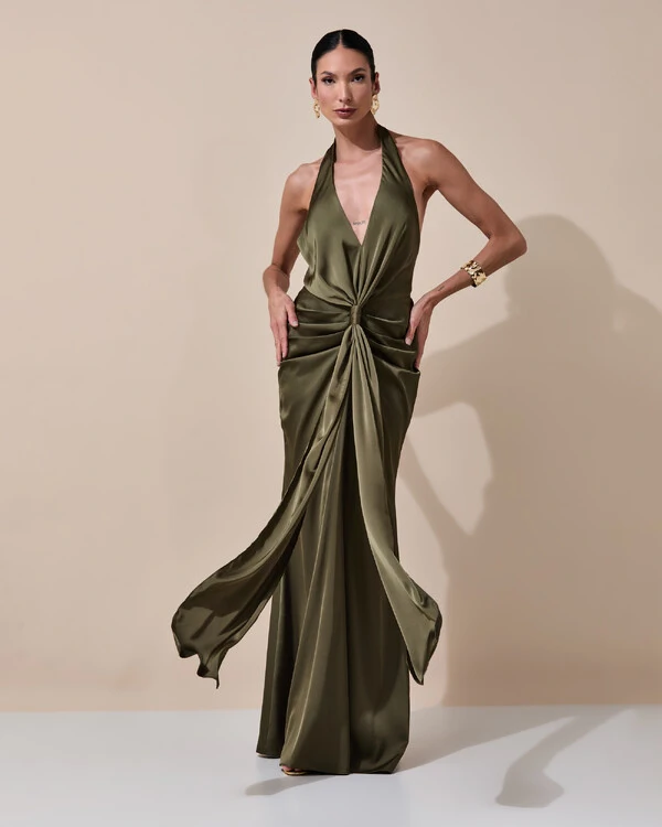 Vestido de Festa Longo Frente Única Decote V Cetim Drapeado Faixa Verde Oliva