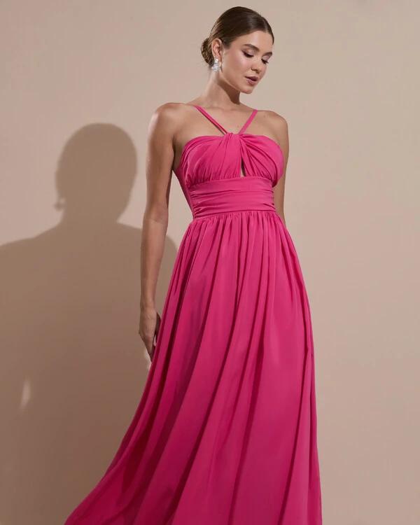 Vestido de Festa Longo Crepe Chiffon Drapeado com Alças Finas Pink New