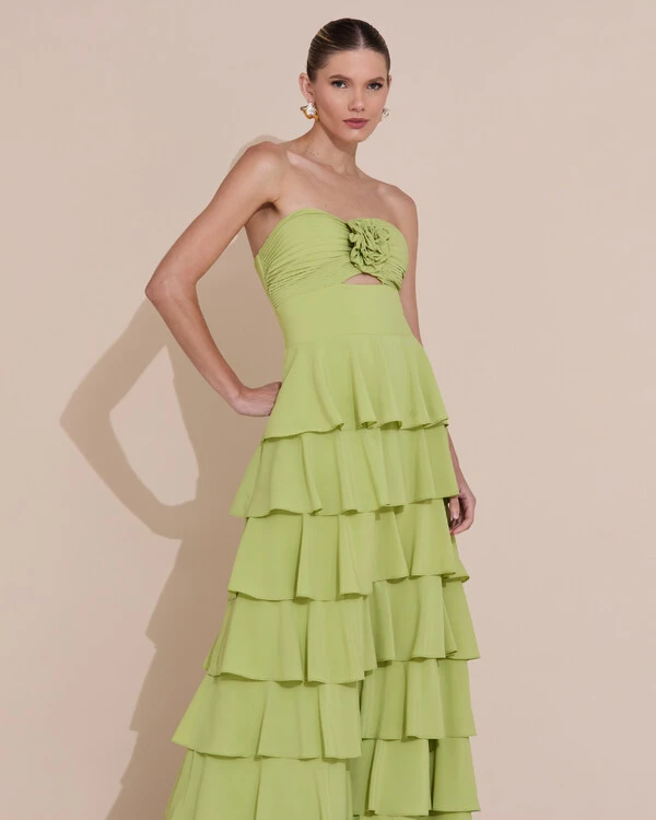 Vestido de Festa Longo Crepe Chiffon Tomara que Caia Plissado Flor Camadas Verde Claro
