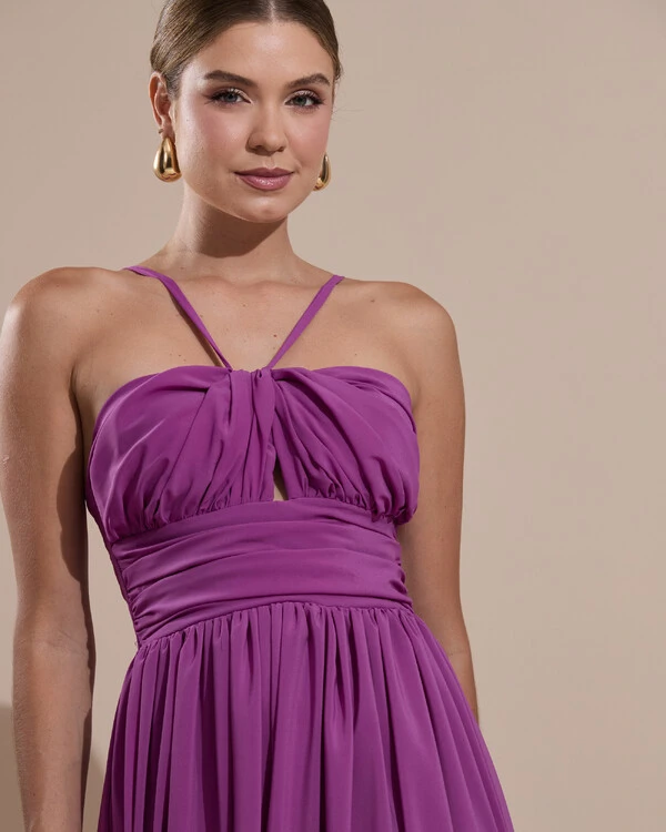 Vestido de Festa Longo Crepe Chiffon Drapeado com Alças Finas Fúcsia