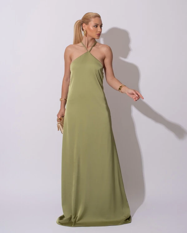 Vestido Longo de Cetim com Decote Triangular e Amarração nas Costas Degagê Verde Pistache