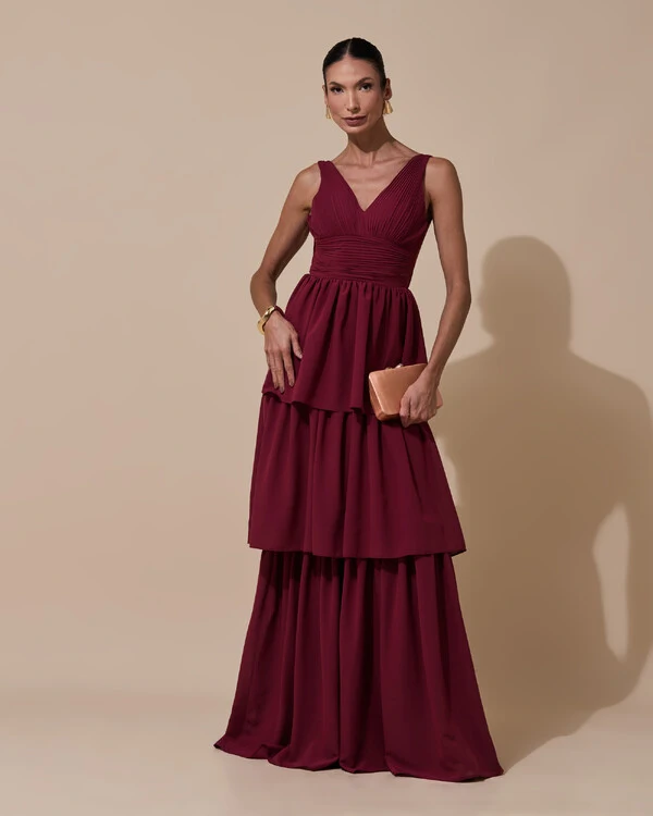 Vestido de Festa Longo Decote V Crepe Chiffon Plissado Camadas Babado Marsala New