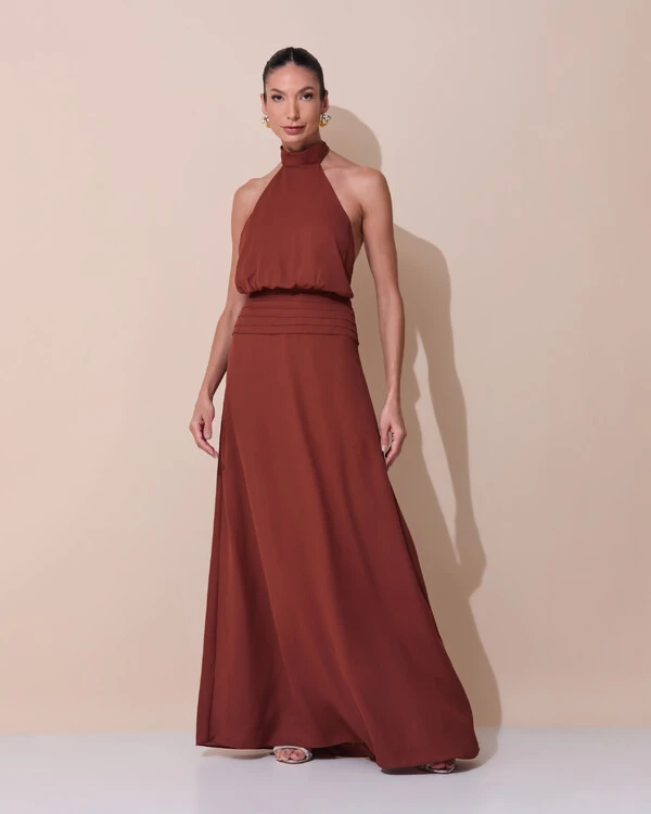 Vestido de Festa Longo Frente Única Busto Blousê Crepe Chiffon Drapeado Marrom New