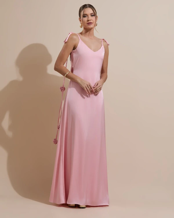 Vestido de Festa Longo Decote Degagê Costas Cetim Flores 3D Alças Rose Gold