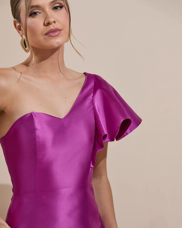 Vestido de Festa Longo um Ombro Tomara que Caia Zibeline Fúcsia