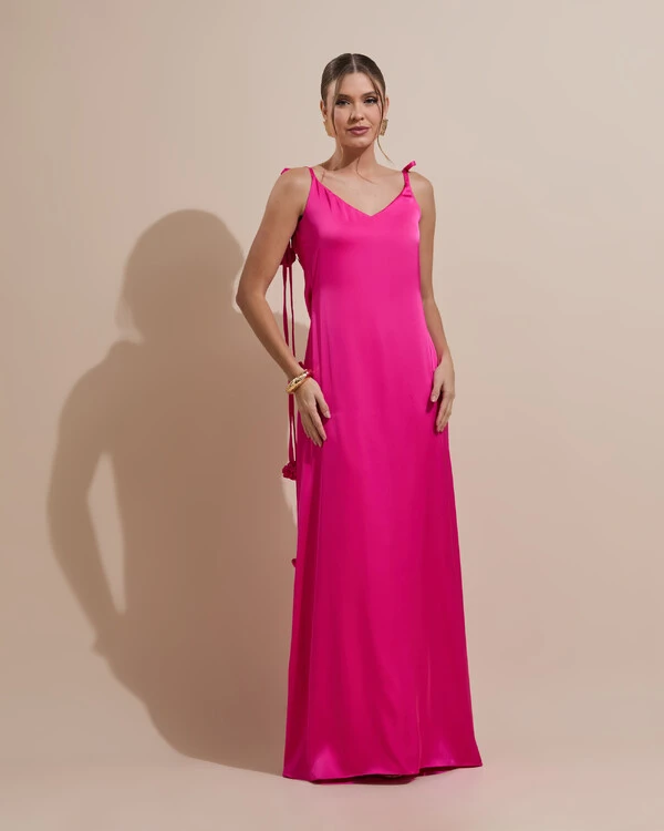 Vestido de Festa Longo Decote Degagê Costas Cetim Flores 3D Alças Pink
