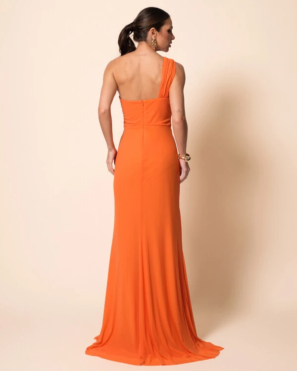 Vestido de Festa Longo Tule Tomara que Caia Faixa Detalhe Drapeado e Fenda Laranja