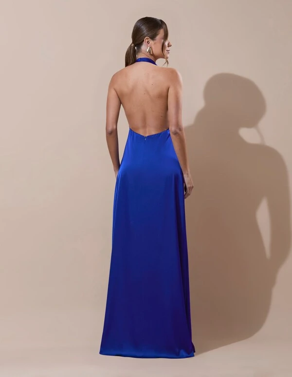 Vestido de Festa Longo Frente Única Degagê Cetim Fluido Azul Royal