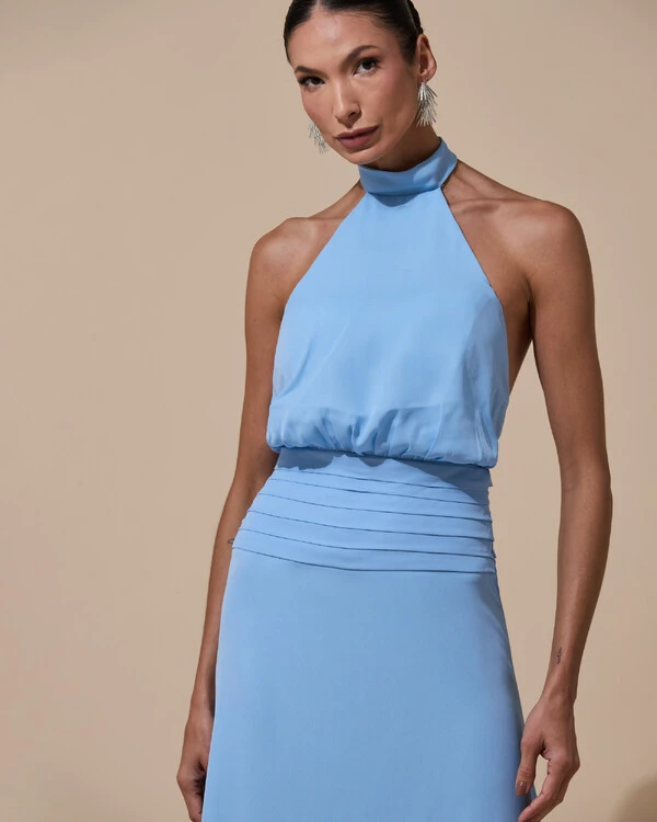 Vestido de Festa Longo Frente Única Busto Blousê Crepe Chiffon Drapeado Azul Atlantis