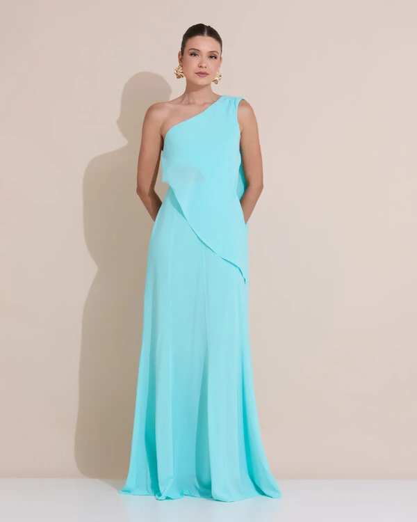 Vestido de Festa Longo Um Ombro Só Crepe Chiffon Lenço Tiffany