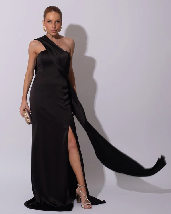 Vestido de Festa Longo Cetim Alfaiataria Tomara que Caia com Faixa Lenço Preto