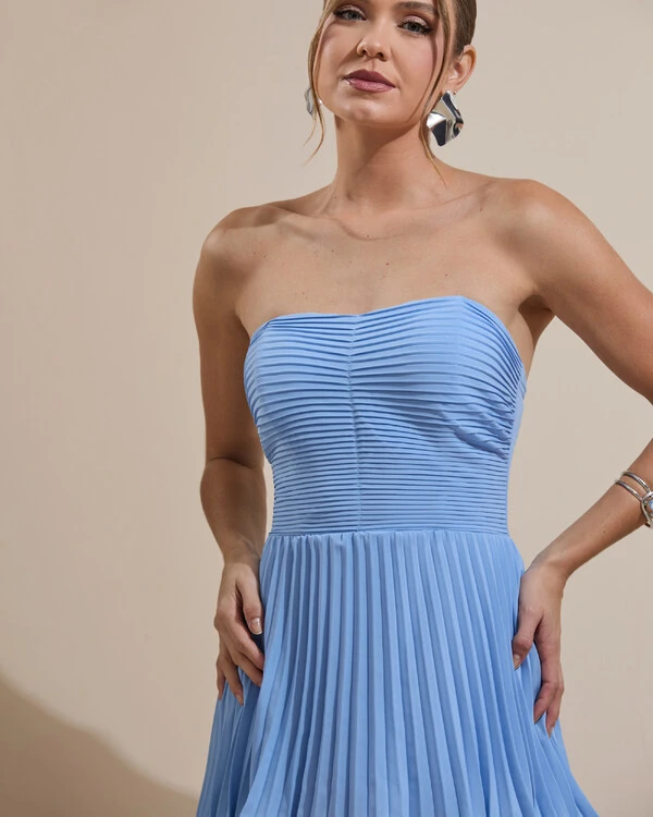 Vestido de Festa Longo Tomara que Caia Crepe Chiffon Plissado Camadas Azul Serenity