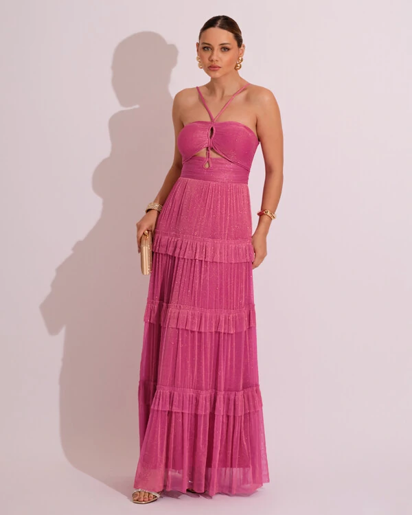 Vestido de Festa Longo Tule com Saia Babado Pink
