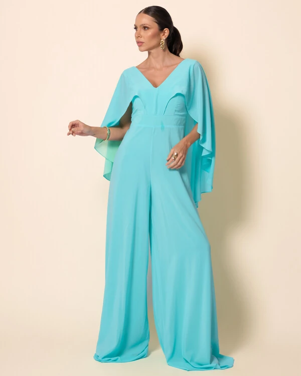 Macacão de Festa Longo Crepe Chiffon com Capa Tiffany