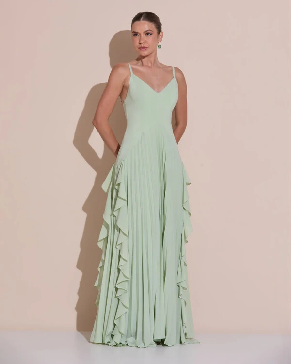 Vestido de Festa Longo Crepe Chiffon Alça Fina Saia Plissada com Babado Cascata Verde Menta New