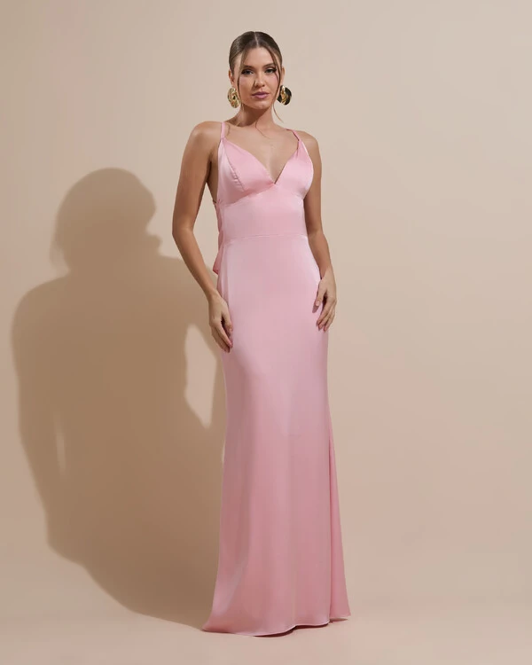 Vestido de Festa Longo Costas Abertas Laço Cetim Decote V Rose Gold