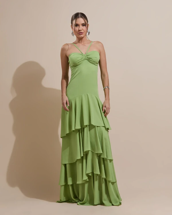 Vestido Longo Crepe com Babado em Camadas Verde Garden
