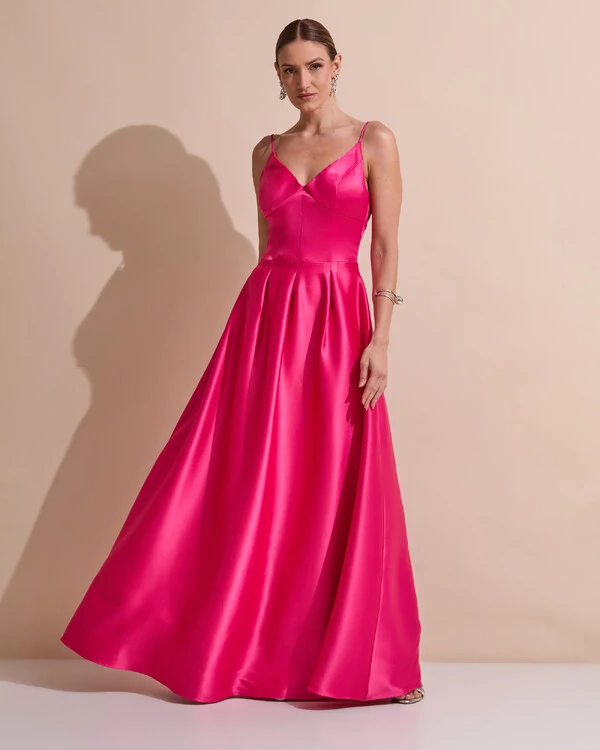 Vestido de Festa Longo Alça Fina Decote V Cetim Saia Evasê Pink