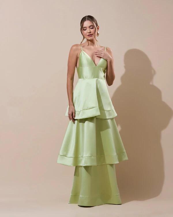 Vestido de Festa Longo Zibeline em Camadas Decote em V com Alças Verde Lima New