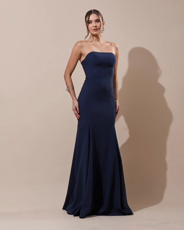 Vestido de Festa Longo Alfaiataria Tomara que Caia Saia Sereia Azul Marinho Escuro