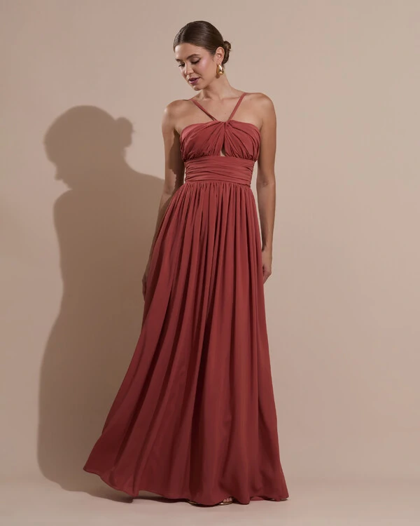 Vestido de Festa Longo Crepe Chiffon Drapeado com Alças Finas Terracota