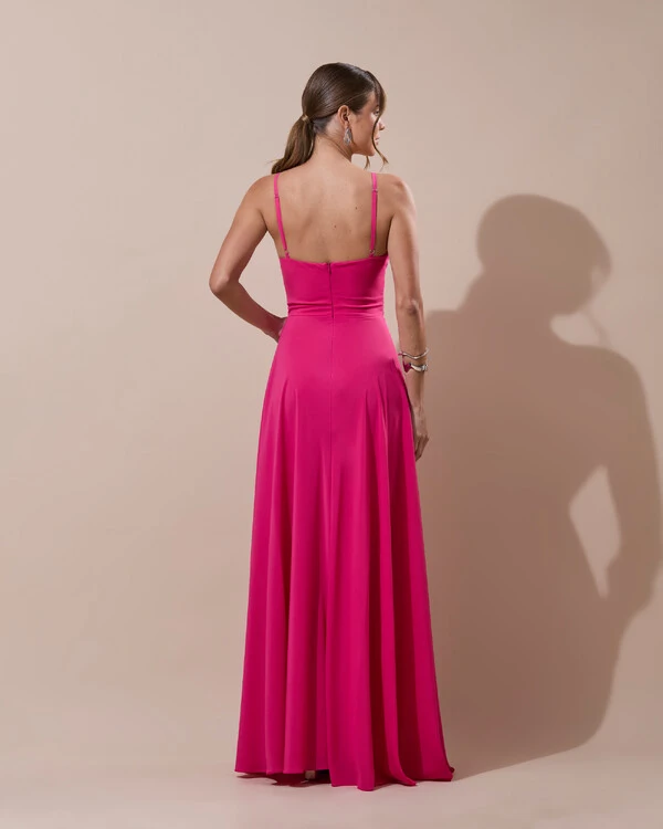 Vestido de Festa Longo Crepe Chiffon Drapeado com Alças e Saia Fluida Pink New