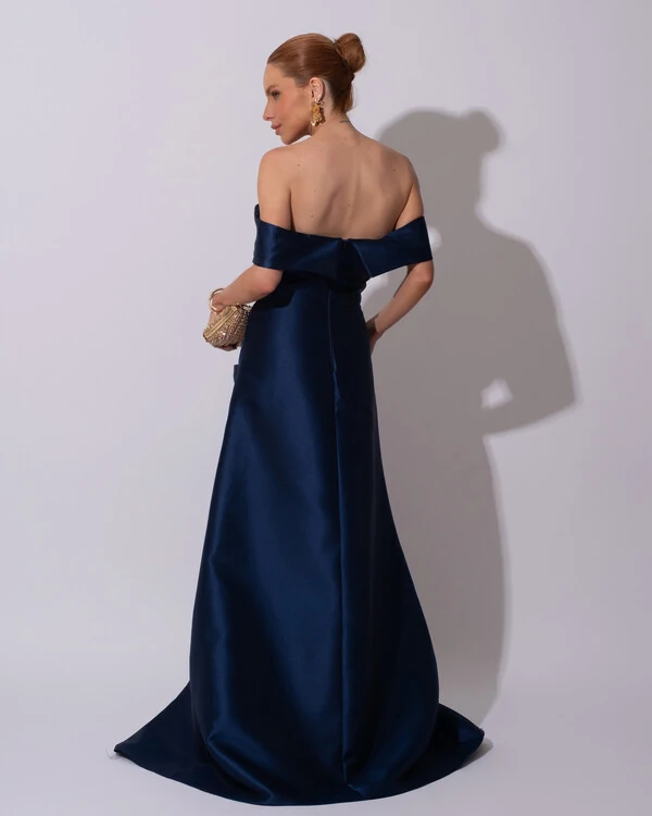 Vestido de Festa Longo Zibeline Ombro a Ombro Drapeado e Fenda Azul Marinho