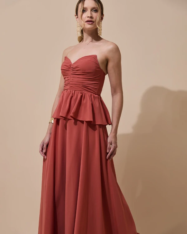 Vestido de Festa Longo Crepe Chiffon Tomara que Caia Peplum Drapeado Terracota