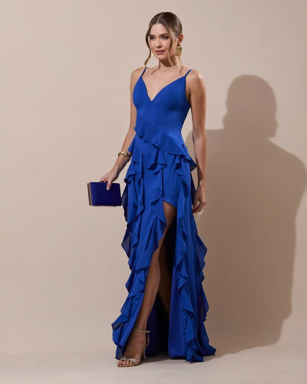 Vestido de Festa Longo Decote V Crepe Chiffon Babados Cascata e Fenda Azul Royal
