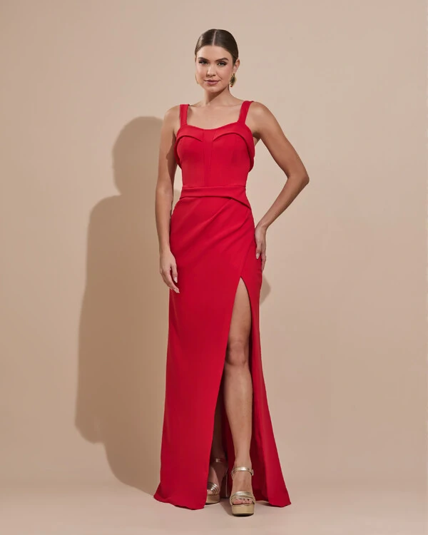 Vestido de Festa Longo Alfaiataria Decote Coração com Alças e Fenda Vermelho