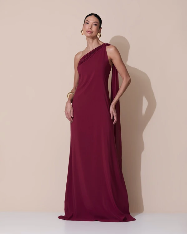 Vestido de Festa Longo Crepe Chiffon Um Ombro Só Drapeado Marsala New