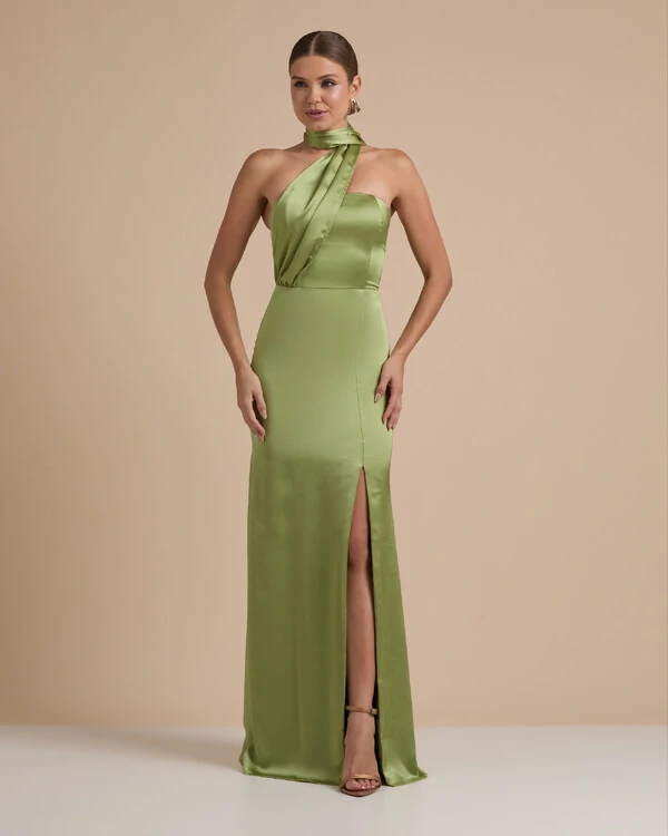 Vestido de Festa Longo Cetim Alfaiataria Tomara que Caia com Faixa Lenço Verde Pistache