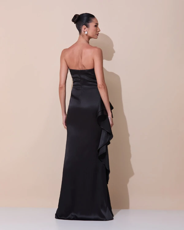 Vestido de Festa Longo Tomara que Caia Cetim Babado Fenda Preto