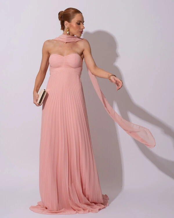 Vestido de Festa Longo Tomara que Caia Plissado com Lenço Rosa Claro