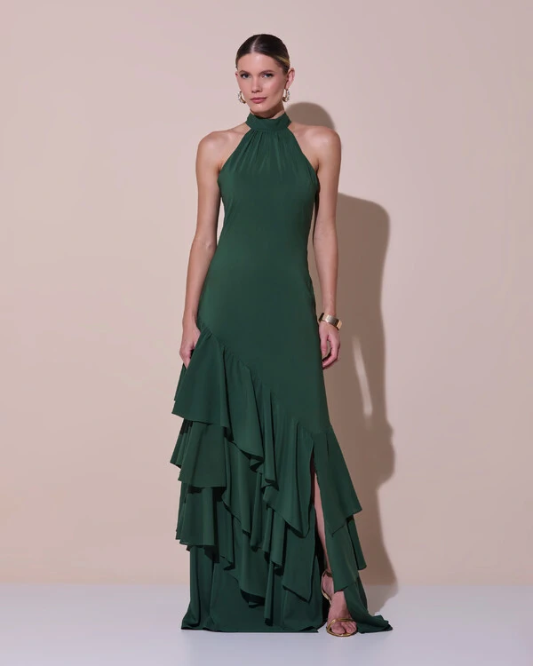 Vestido de Festa Longo Chiffon Crepe Gola Alta Babados Verde Escuro New