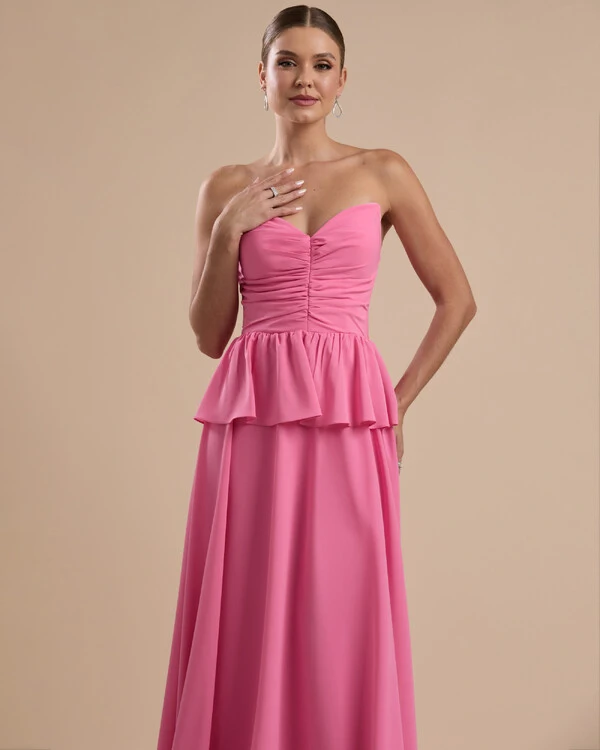 Vestido de Festa Longo Crepe Chiffon Tomara que Caia Peplum Drapeado Rosa