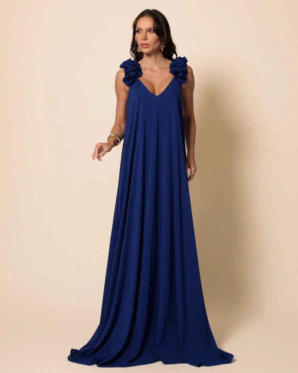 Vestido de Festa Longo Crepe Chiffon Fluido Decote em V Flores Azul Marinho