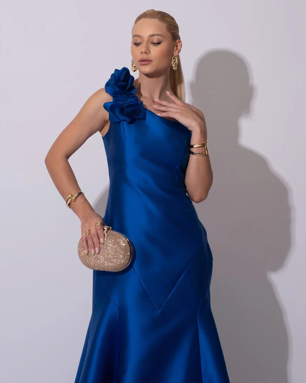 Vestido de Festa Longo Zibeline um Ombro Só Flor Removível Saia Sereia Azul Royal