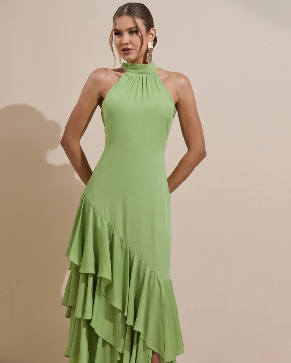 Vestido de Festa Longo Chiffon Crepe Gola Alta Babados Verde Garden