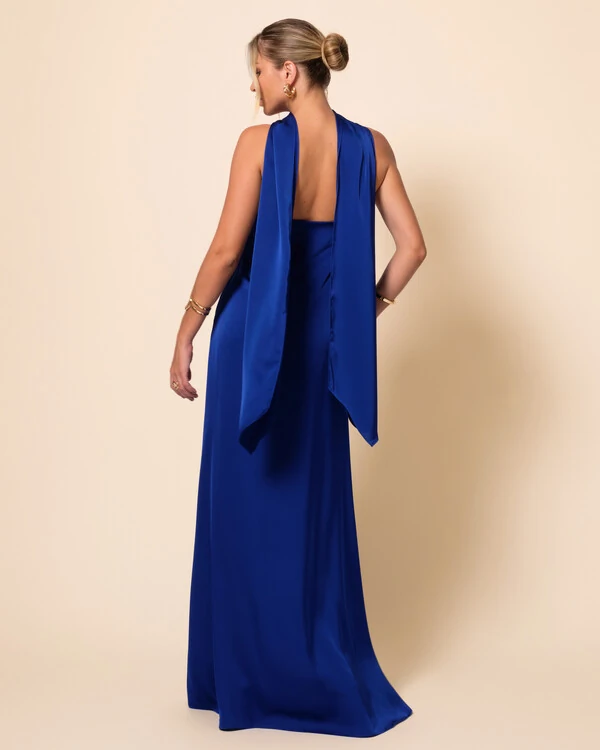 Vestido de Festa Longo em Cetim Fluido um Ombro Só com Lenço Azul Royal New