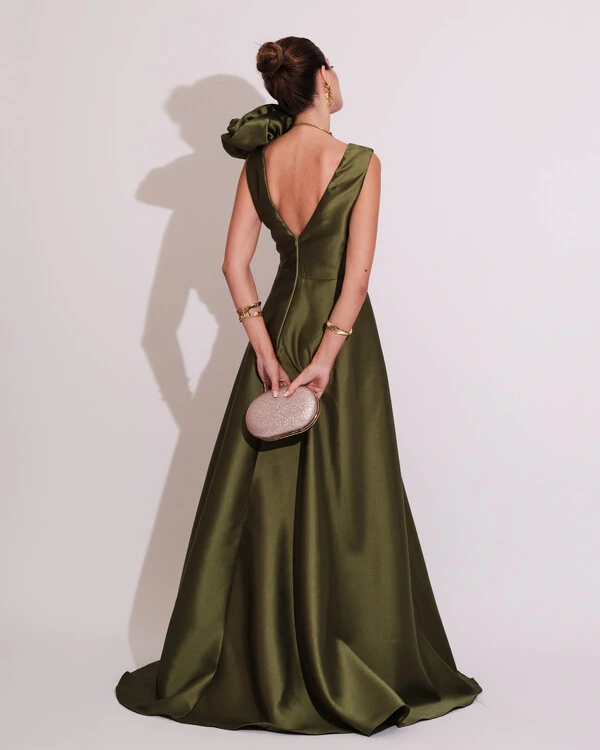Vestido de Festa longo Zibeline Flor Verde Oliva