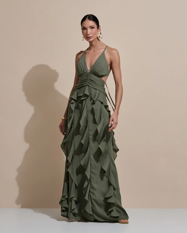 Vestido de Festa Longo Decote V Recortes Drapeado Crepe Chiffon Babados Cascata Verde Oliva