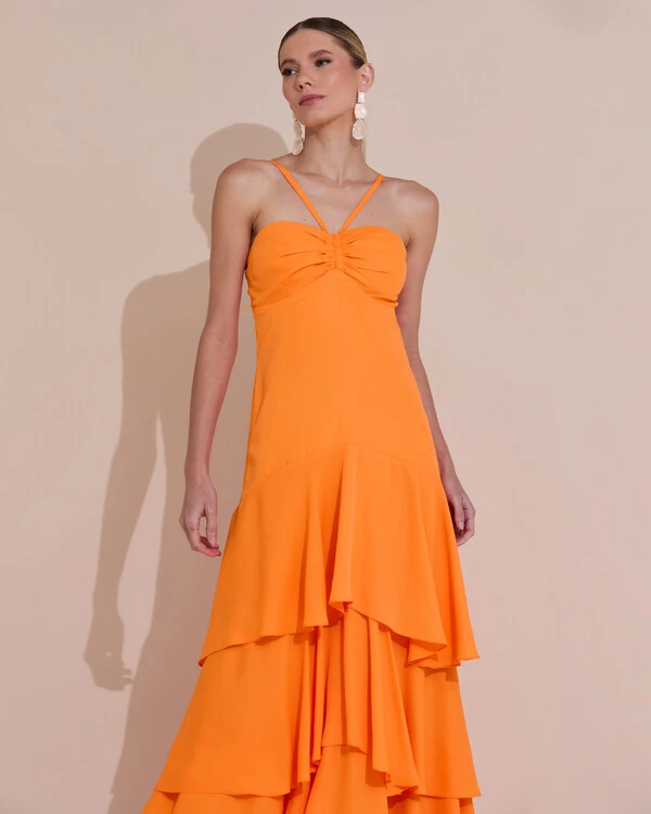 Vestido Longo Crepe com Babado em Camadas Laranja