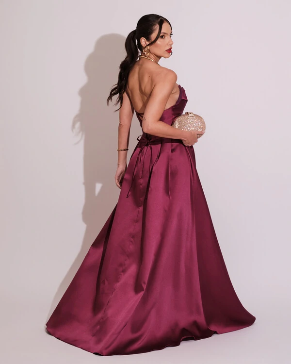 Vestido de Festa Longo Tomara que Caia Trançado Costa em Zibeline Fúcsia