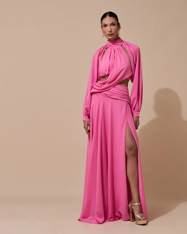 Vestido de Festa Longo Gola Alta Crepe Chiffon Recortes Drapeado Manga Longa Fenda Rosa