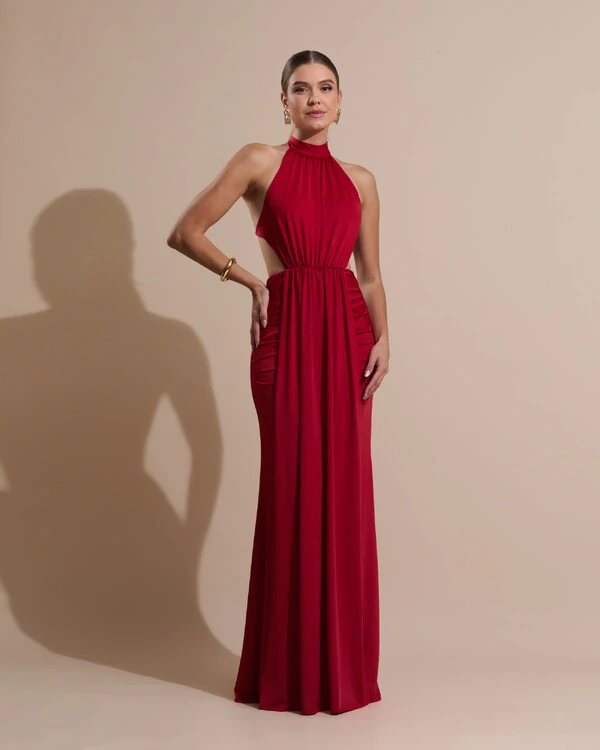 Vestido de Festa Longo Malha Jersey Gola Alta Saia Sereia Vermelho Escuro