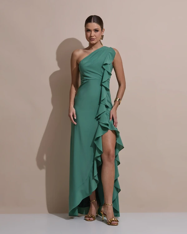 Vestido de Festa Midi Um Ombro Só Crepe Chiffon Babados Cascata Fenda Verde Matcha Escuro