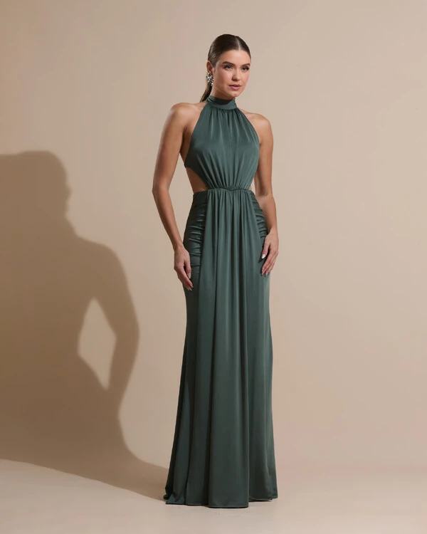 Vestido de Festa Longo Malha Jersey Gola Alta Saia Sereia Verde Oliva